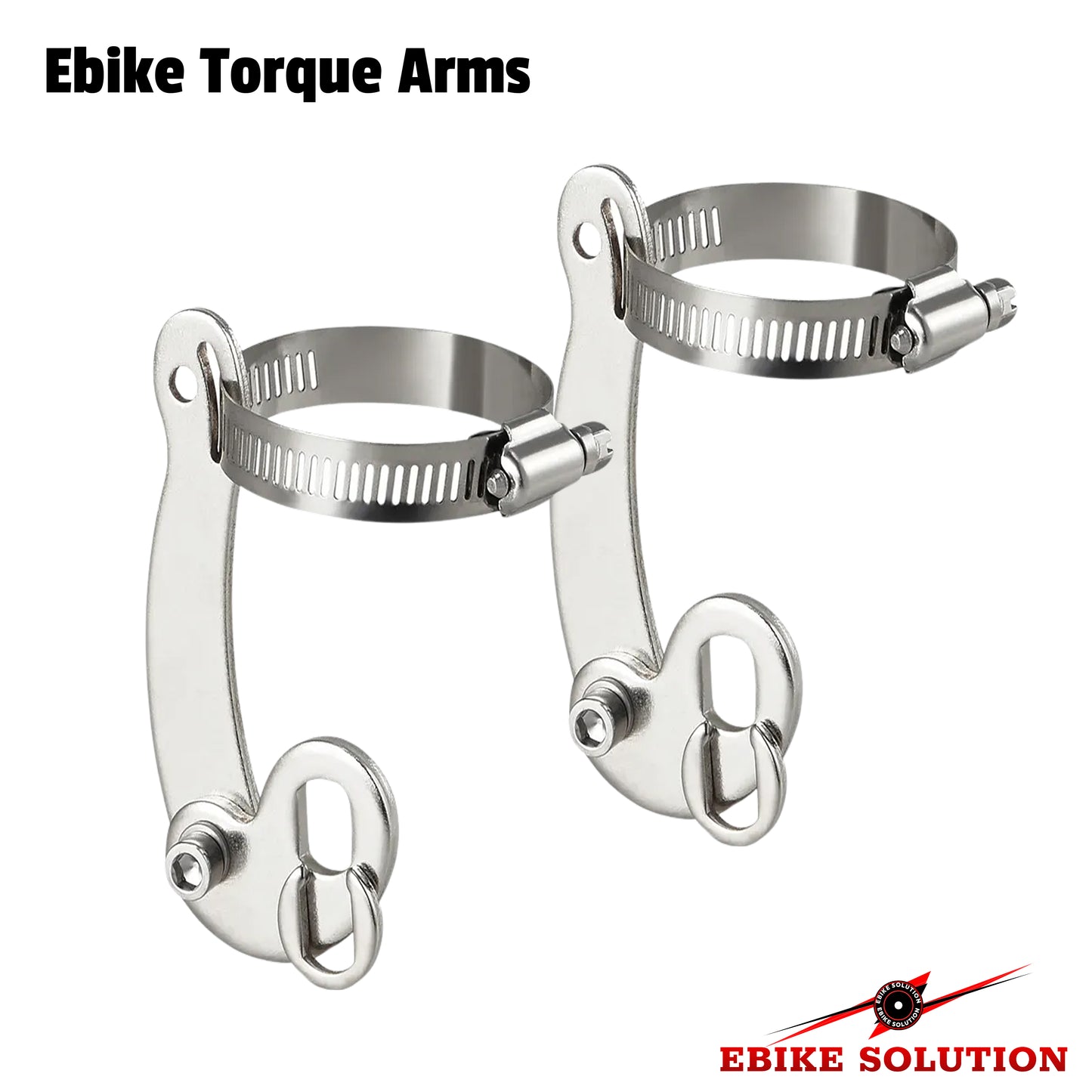 Metallic ebike torque arms on a white background with 'Ebike Solution' branding.
