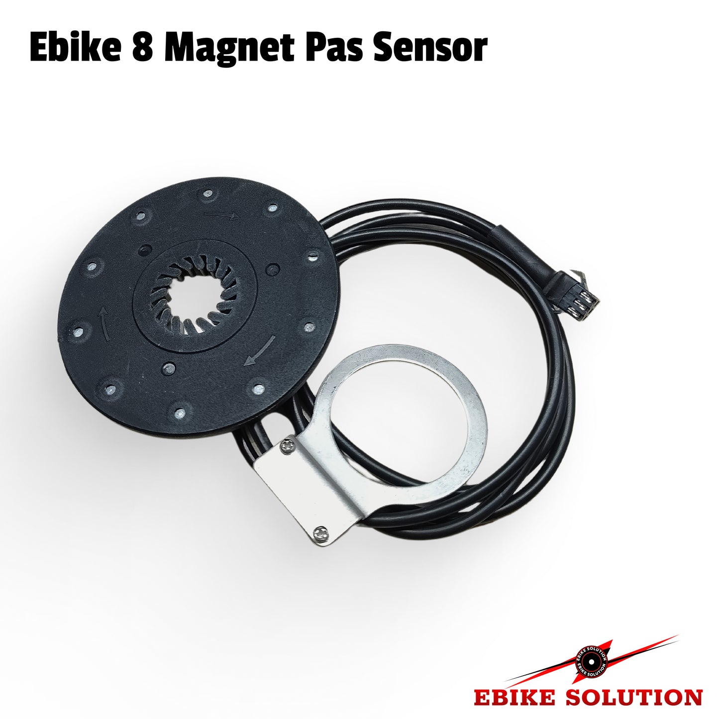 Ebike 8 Magnet Pas Sensor with cable on a white background, branded 'Ebike Solution'.