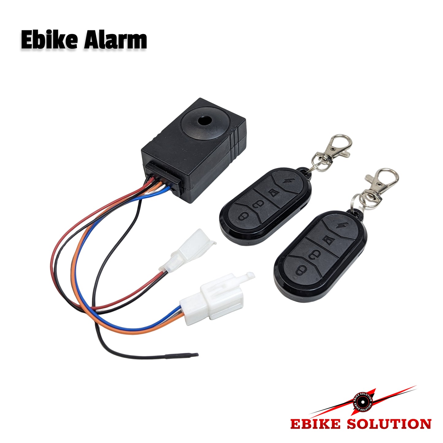 Ebike alarm system with two remote controls and wiring on a white background, featuring 'EBIKE SOLUTION' branding.
