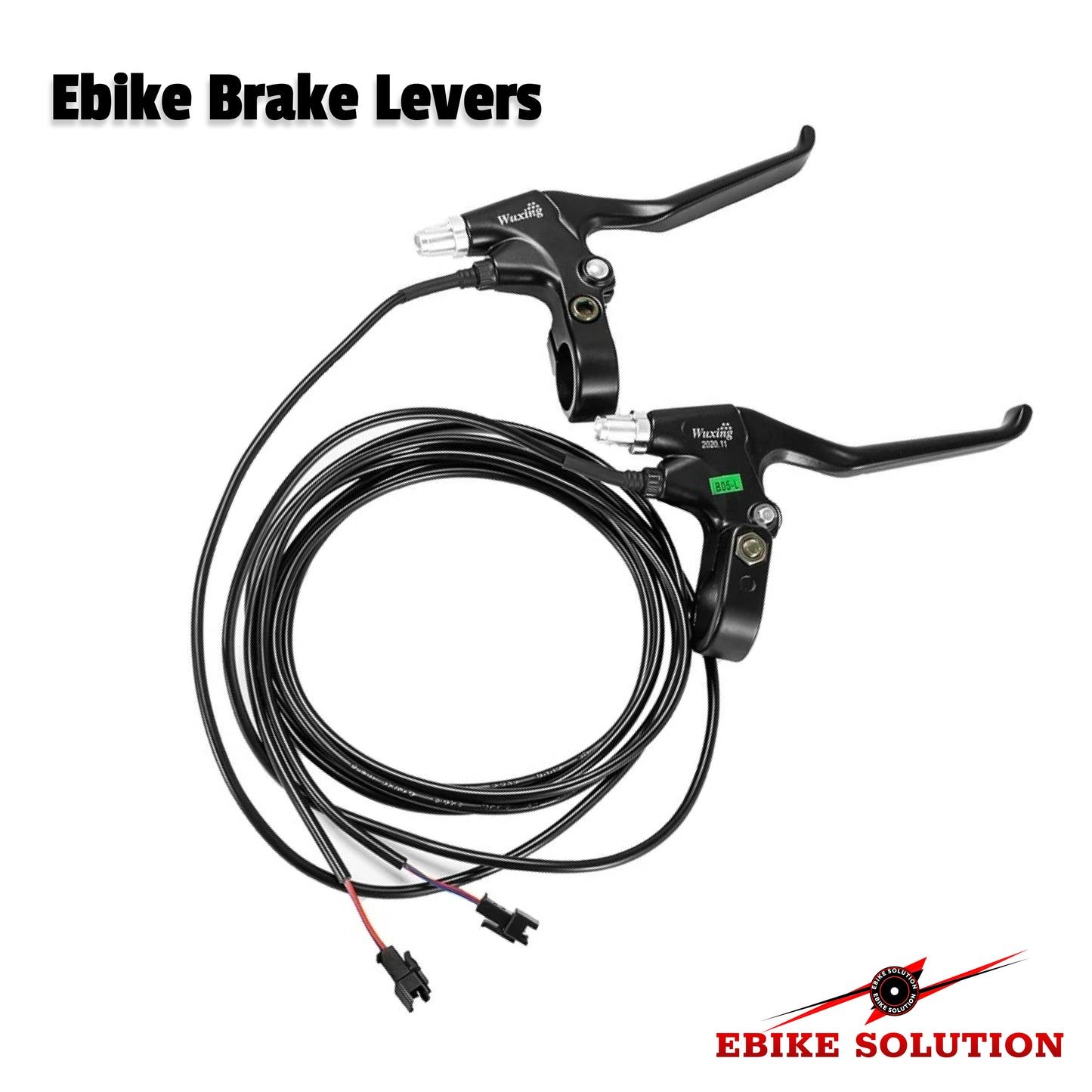 Ebike brake levers with wiring on a white background, branded 'Ebike Solution'.
