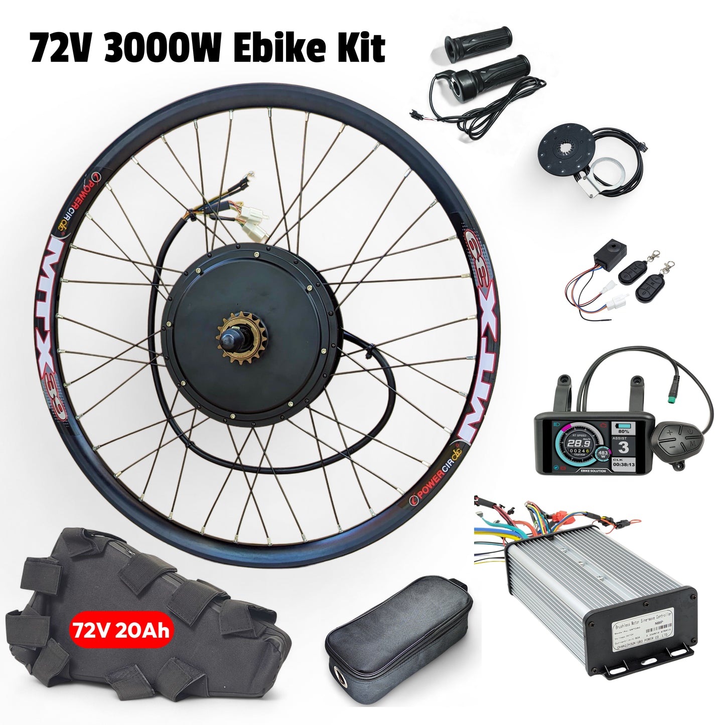 72V 3000W Ebike Kit with wheel, controller, battery, and other components on a white background