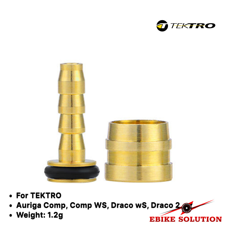 Two gold metal components with black rubber washer on a white background, featuring Tektro branding.