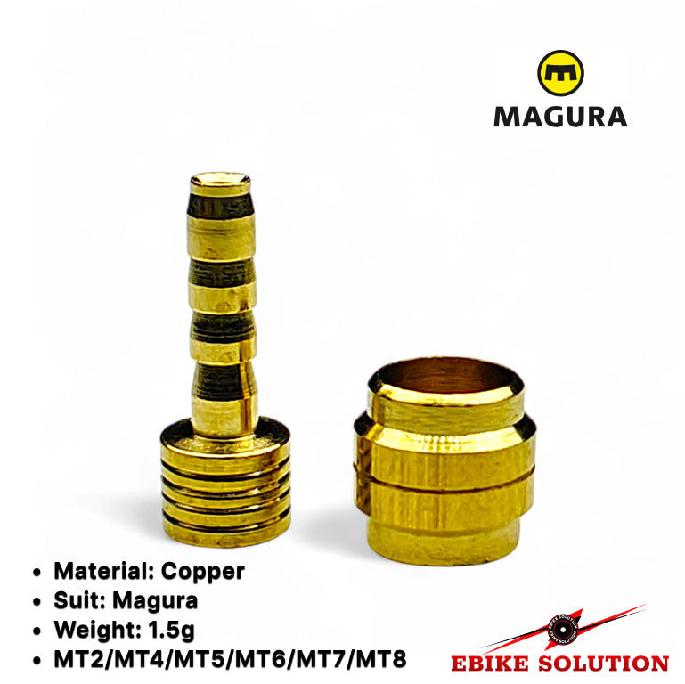 Two gold-colored metal components with Magura branding on a white background.