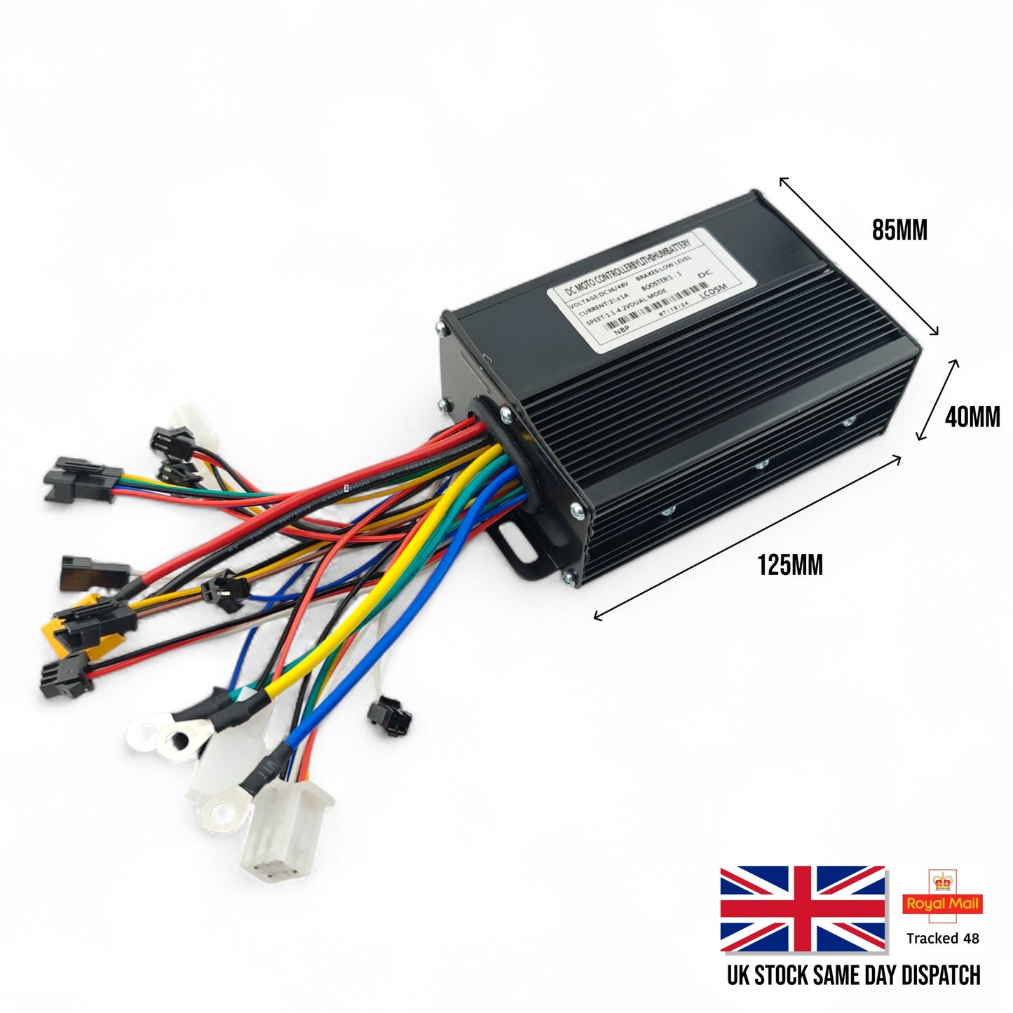 Black electronic module with colorful wires and dimensions labeled on a white background