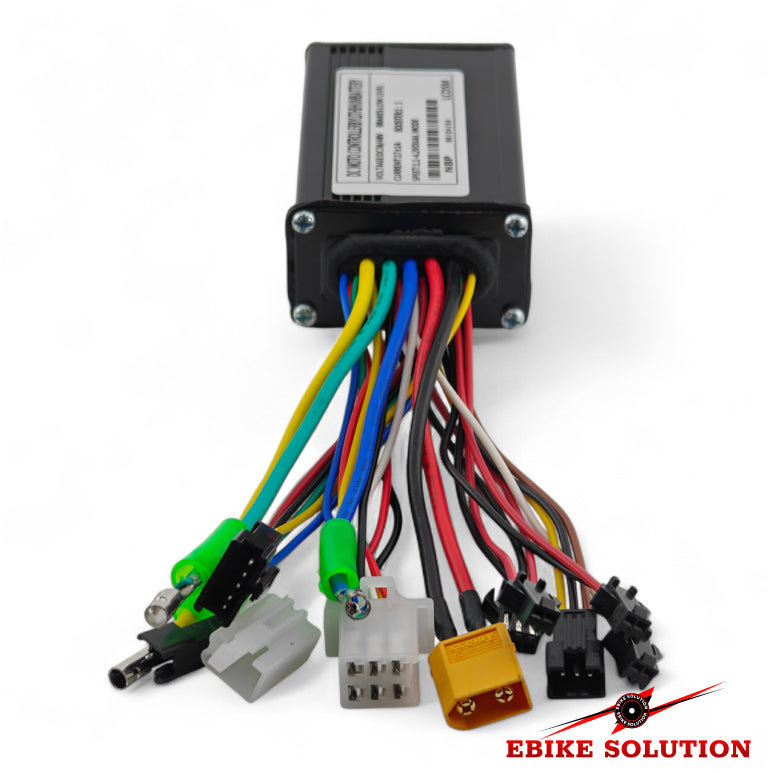 Electronic control unit with colorful wires on a white background, branded 'Ebike Solution'.