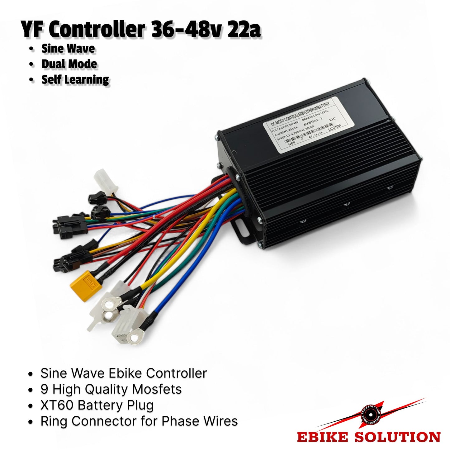 YF Controller 36-48v 22a with wiring harness on a white background, featuring EBIKE SOLUTION branding.