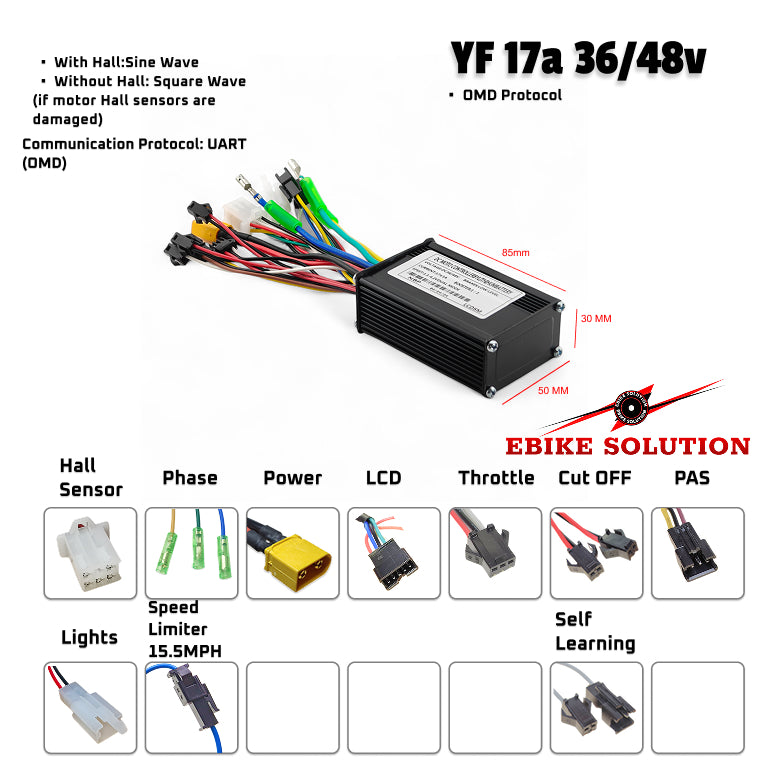 Electric bike controller with wiring diagram and features on a white background
