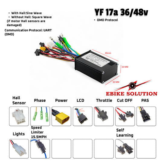 Electric bike controller with wiring diagram and features on a white background