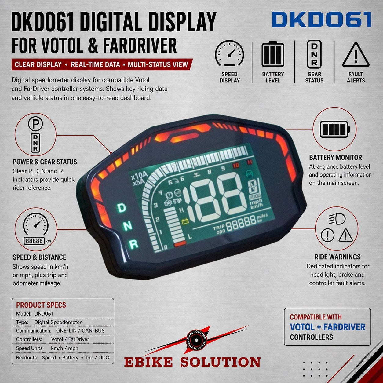 DKD061 CAN LCD Instrument Speedometer Display for FARDRIVER/VOTOL ebike solution