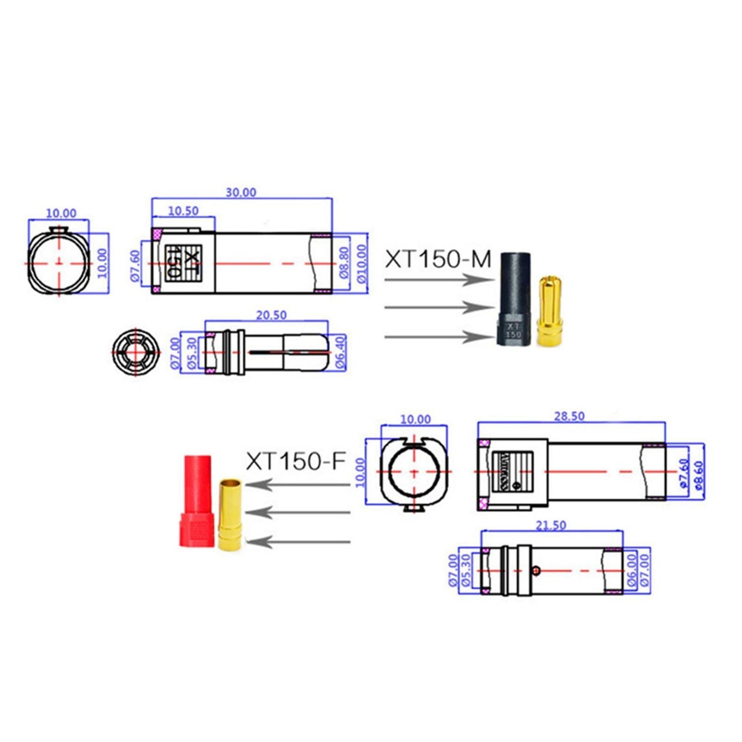 10Pairs XT150 Banana Bullet Adapter Male Female For FPV Racing RC LiPo Battery