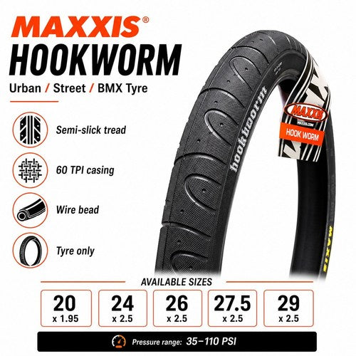 Maxxis Hookworm Bike Tyre Slick 20x1.95 24 26 27.5 29 x 2.5 BMX MTB Black