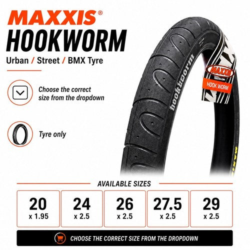 Maxxis Hookworm Bike Tyre Slick 20x1.95 24 26 27.5 29 x 2.5 BMX MTB Black