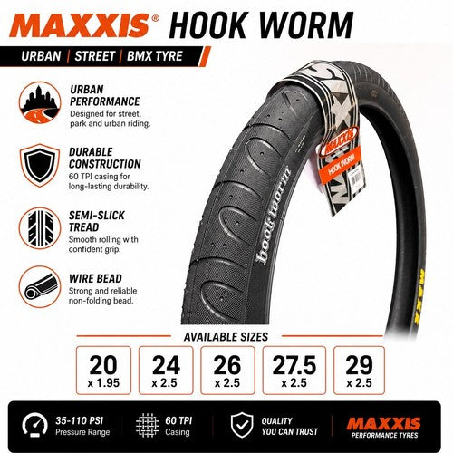 Maxxis Hookworm Bike Tyre Slick 20x1.95 24 26 27.5 29 x 2.5 BMX MTB Black