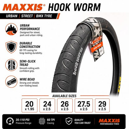 Maxxis Hookworm Bike Tyre Slick 20x1.95 24 26 27.5 29 x 2.5 BMX MTB Black