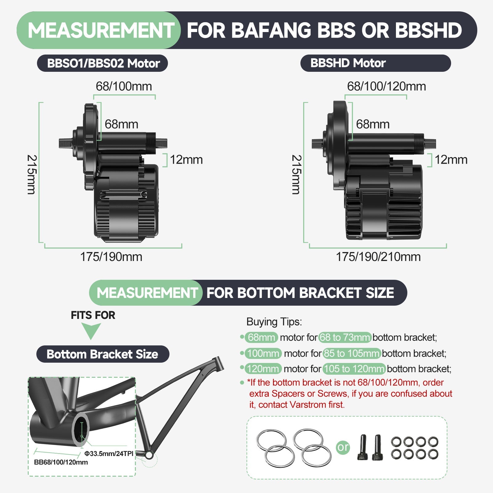 Measurement chart for Bafang BBS or BBSHD motors with dimensions and bottom bracket size information.