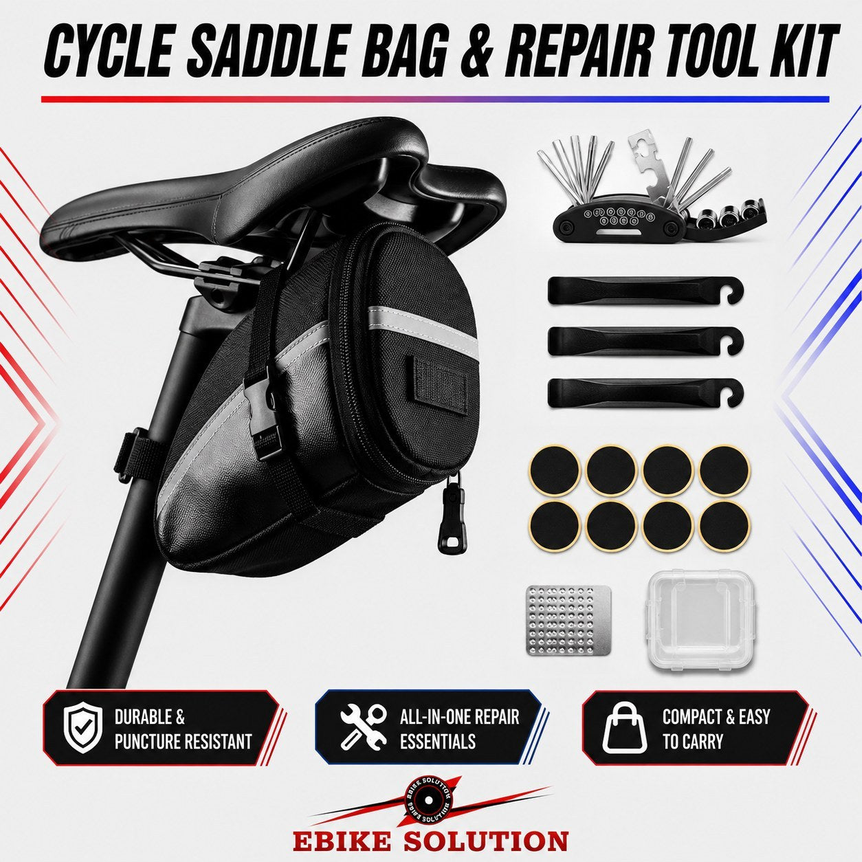 Bicycle Frame Tool Puncture Repair Kit Saddle Case Bag With Tool Set Bike ebike solution