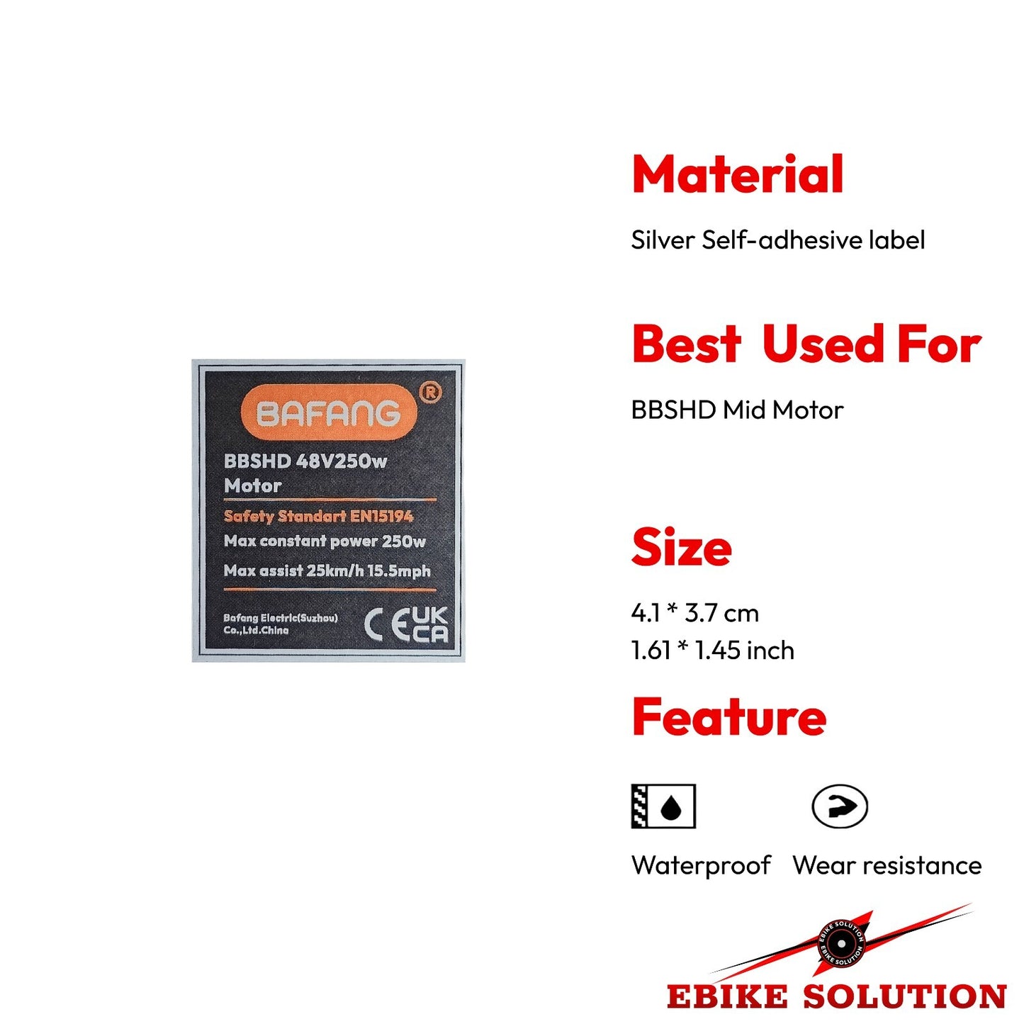 Bafang self-adhesive label with product details on a white background