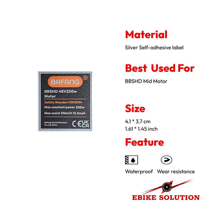 Bafang self-adhesive label with product details on a white background