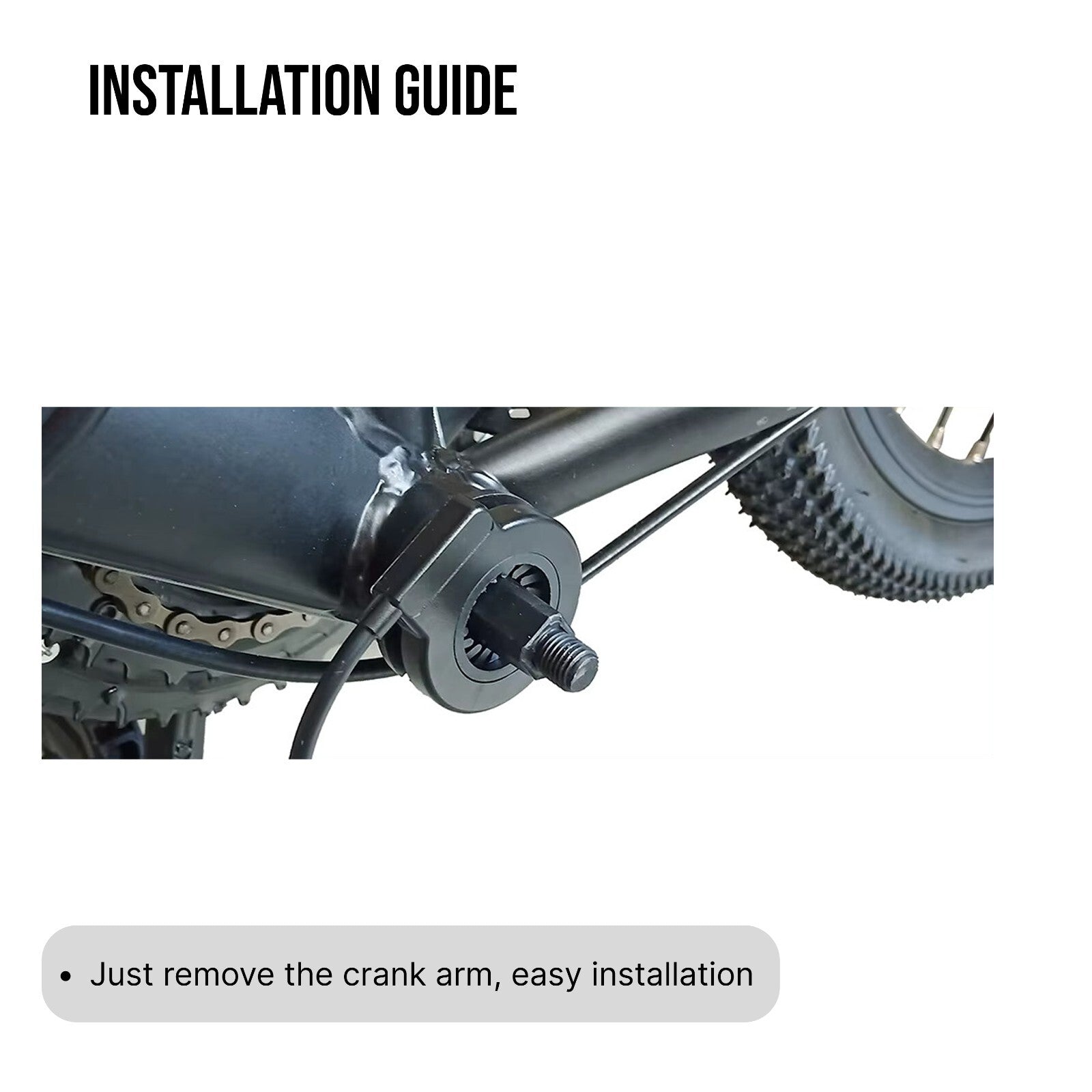 Motorcycle chain and sprocket area with text indicating easy installation process.