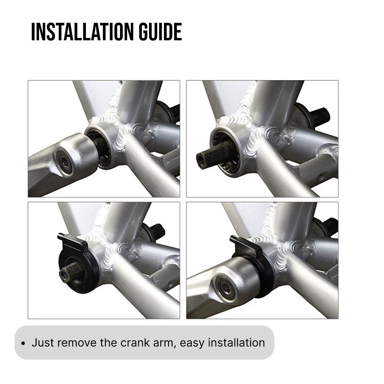 Step-by-step installation guide for a metallic bike frame component on a white background.