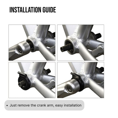 Step-by-step installation guide for a metallic bike frame component on a white background.