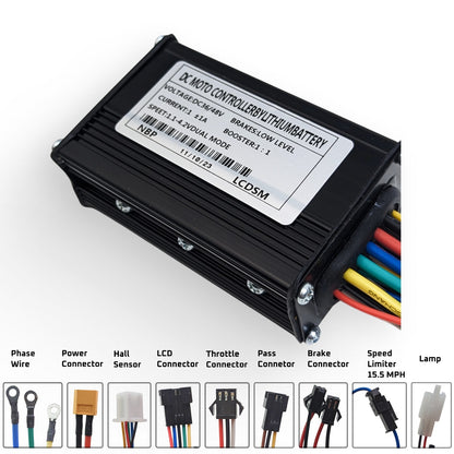 Black electronic module with labeled connectors on a white background