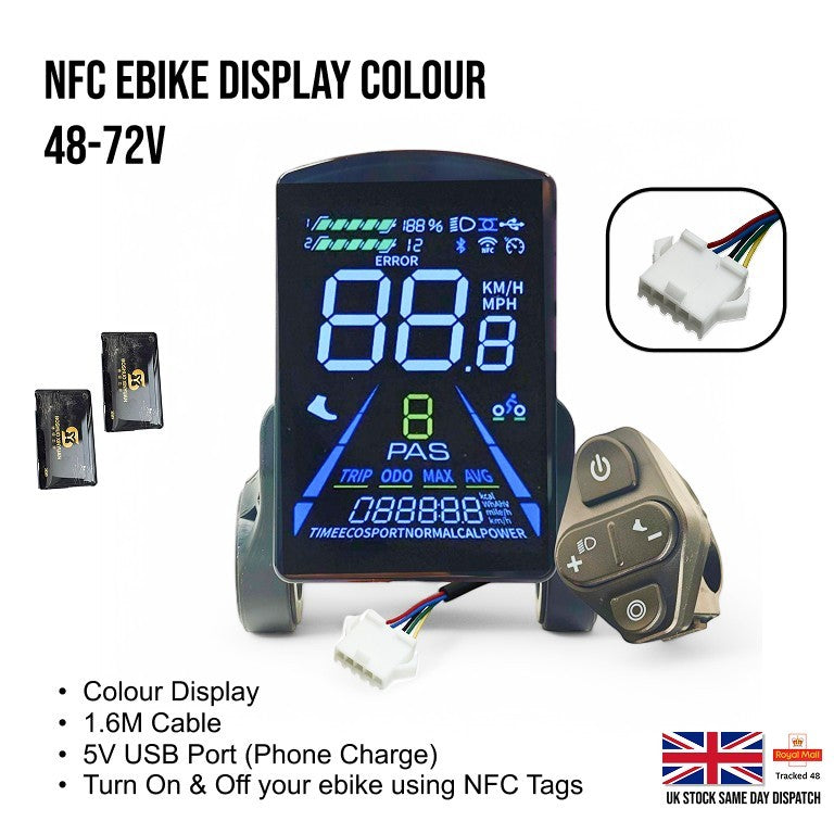 E-bike display with NFC tags and wiring on a white background