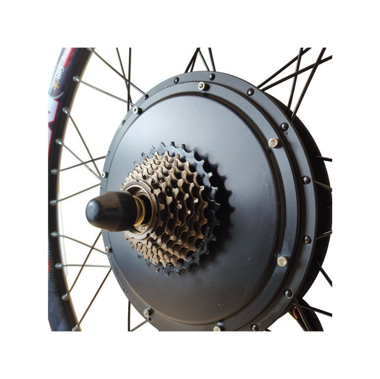 Bicycle wheel with gear mechanism on a white background
