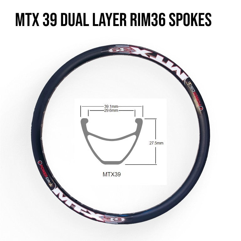 MTX 39 dual layer rim with spokes and measurements on a white background