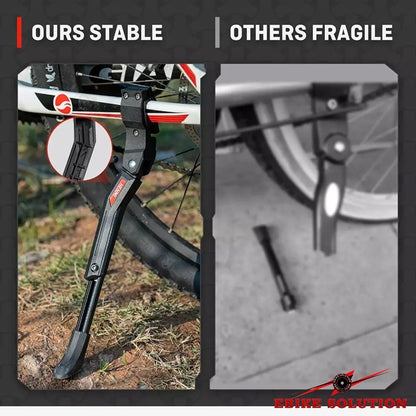 Bicycle kickstand with 'Ours Stable' text on a black background