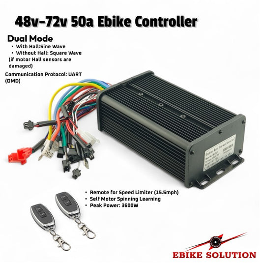 48v-72v 50a Ebike Controller with remote and specifications on a white background
