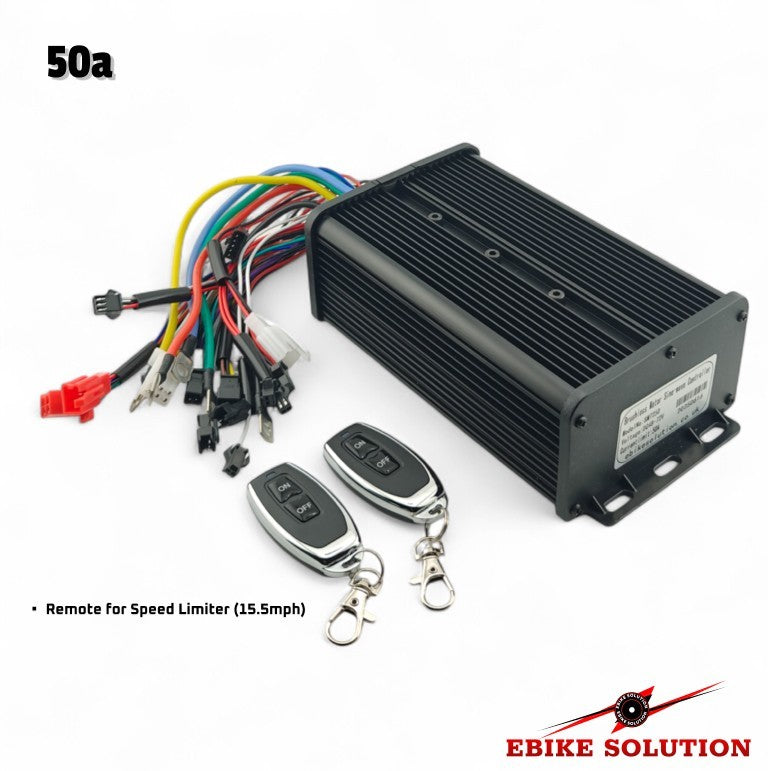 Electric bike speed limiter kit with remote control and connectors on a white background