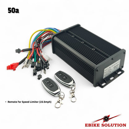 Electric bike speed limiter kit with remote control and connectors on a white background