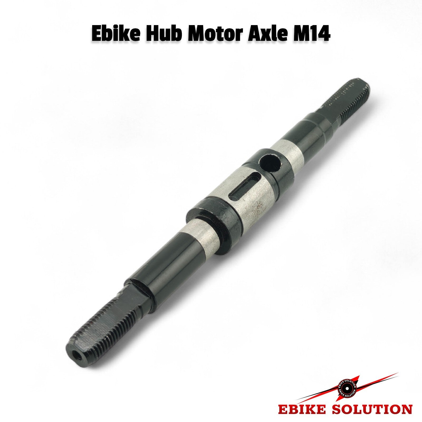 Ebike hub motor axle M14 on a white background with 'Ebike Solution' branding.