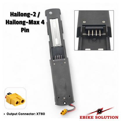 Electrical connector with 'Hailong-2' and 'Hailong-Max 4' pin details, output connector XT60, and 'Ebike Solution' branding.