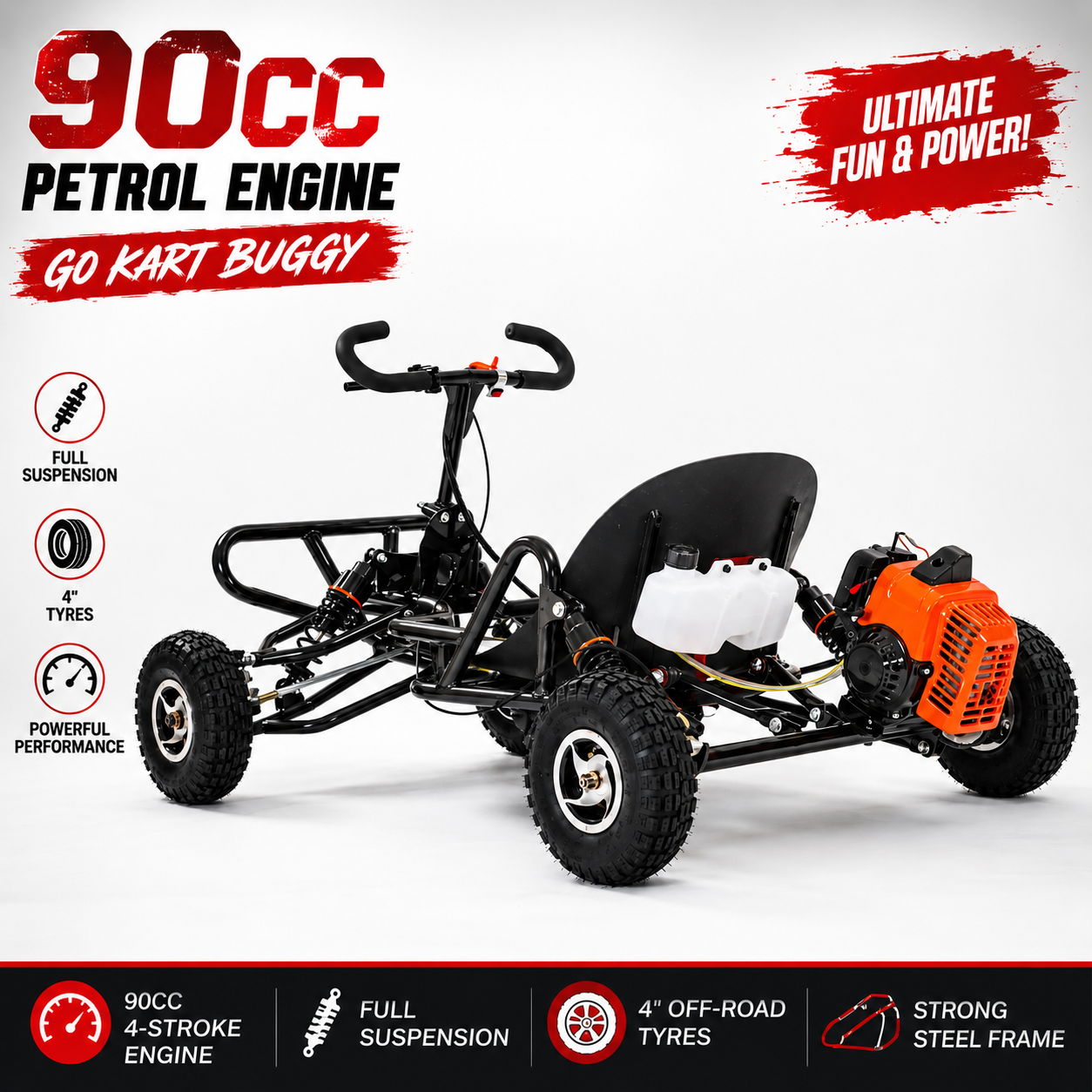 90cc Petrol Off-Road Go Kart Buggy 4-Wheel Pull Start Suspension Black Frame 4in ebike solution