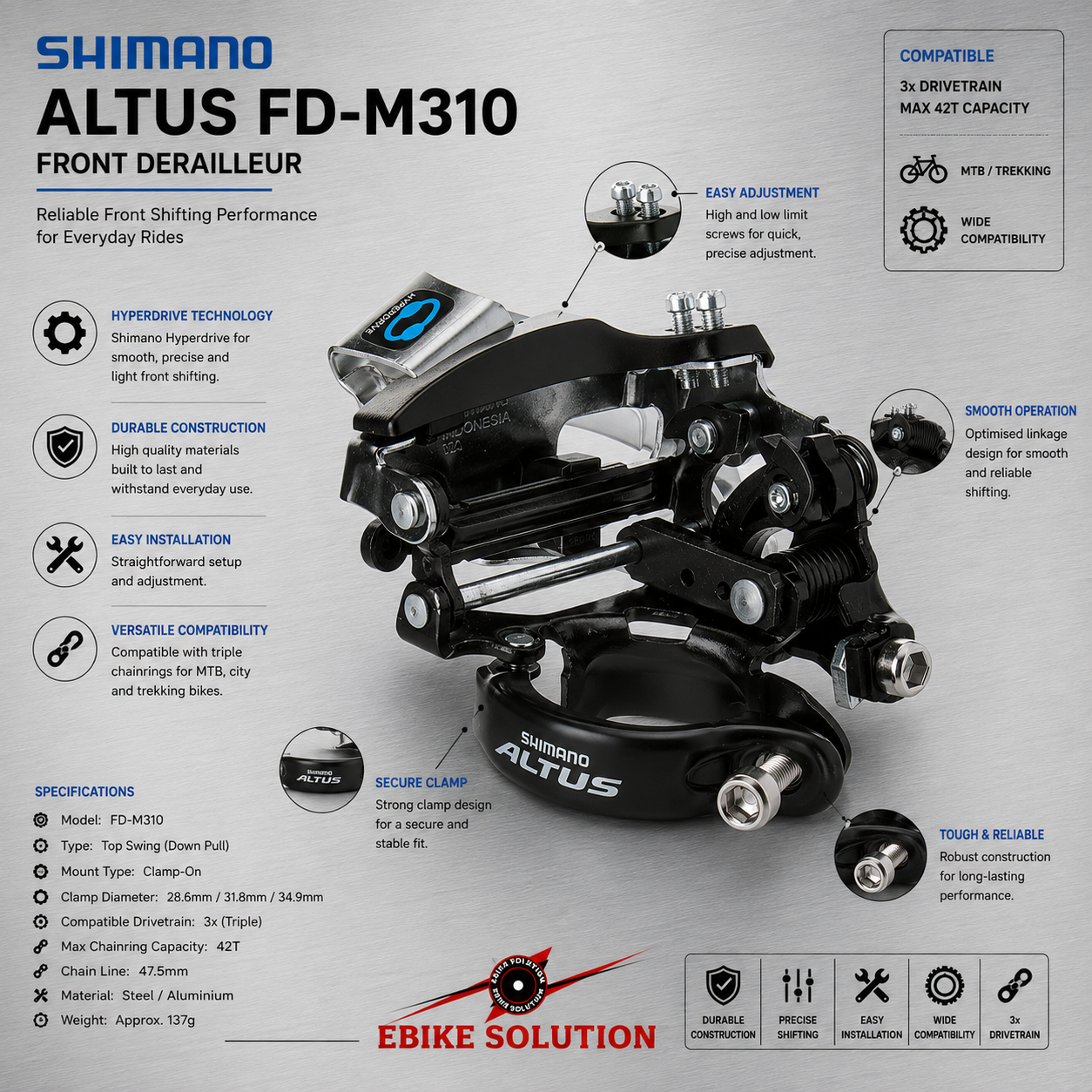 Shimano Tourney Front Derailleur FD-M310 6/7/8 Speed with 31.8-34.9mm Clamp Ring ebike solution