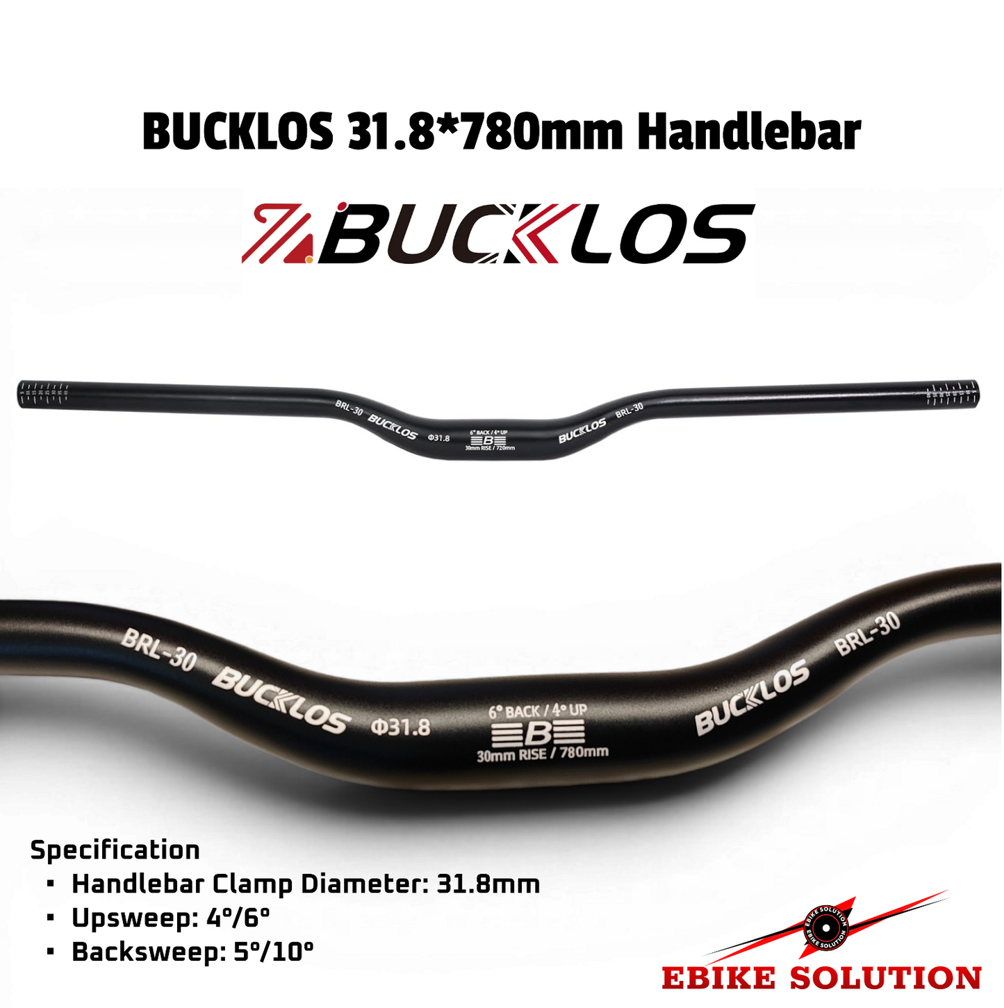 BUCKLOS 780mm Riser Handlebar 31.8mm Aluminum Alloy 30mm Rise MTB Road Bike Bar