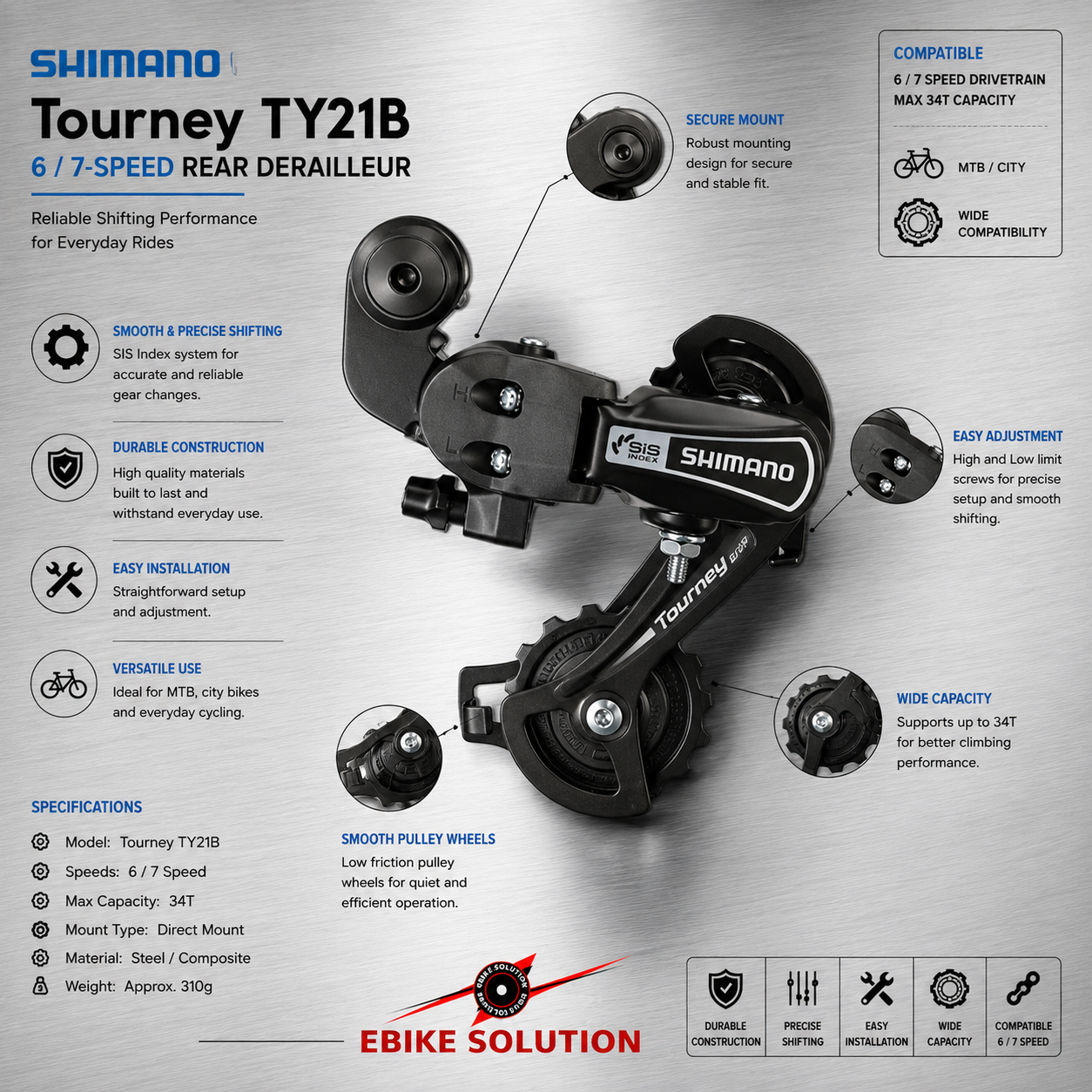 Shimano RD-TY21 6/7 Speed Mountain Bike Bicycle Rear Derailleur SS Black ebike solution
