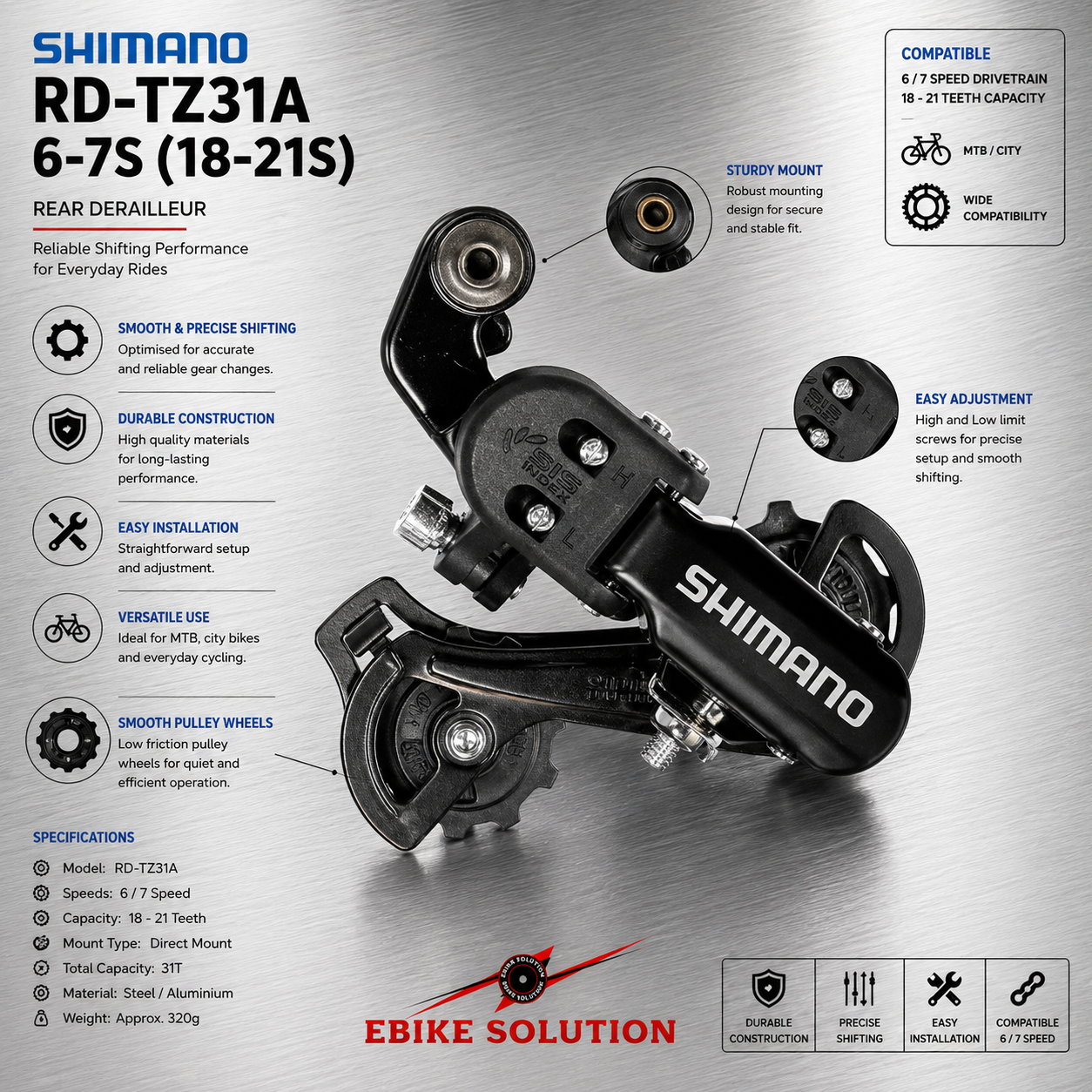 Shimano Tourney RD-TZ31 6/7 Speed Mountain Bike Bicycle Bolt-On Rear Derailleur ebike solution