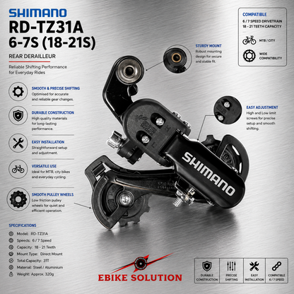 Shimano Tourney RD-TZ31 6/7 Speed Mountain Bike Bicycle Bolt-On Rear Derailleur ebike solution