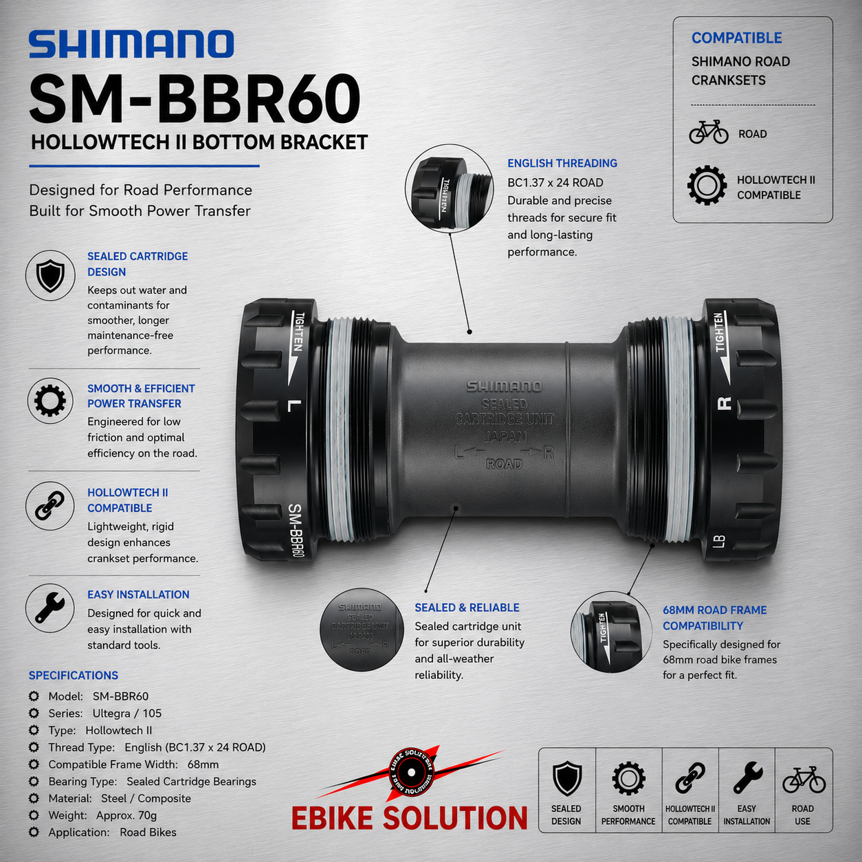 Shimano ULTEGRA/FC-CX70/105 SM-BBR60 BSA Hollowtech II Bottom Bracket 68mm ebike solution