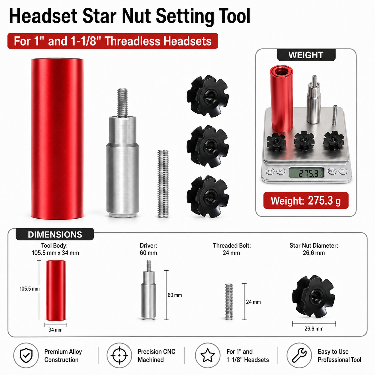 Bike Fork Headset Star Nut Setting Tool 1" 1-1/8" Threadless Steerer Installer Kit