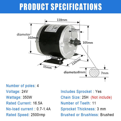 ZY MY Electric Motor 24V 350W High Speed 2500rpm DC 16.5A for E Scooter E-Bike