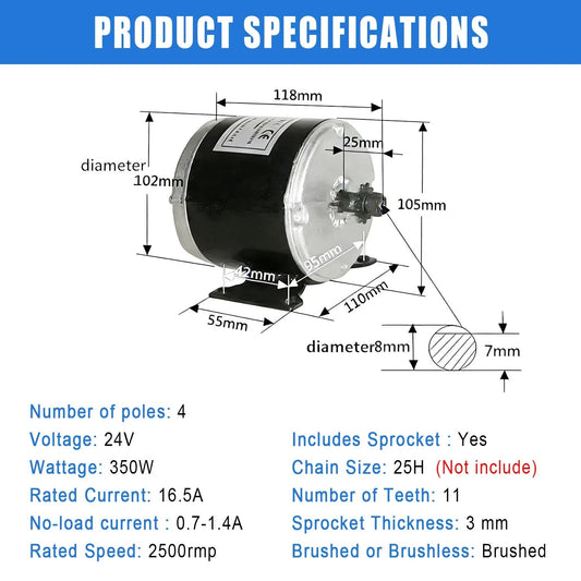 ZY MY Electric Motor 24V 350W High Speed 2500rpm DC 16.5A for E Scooter E-Bike