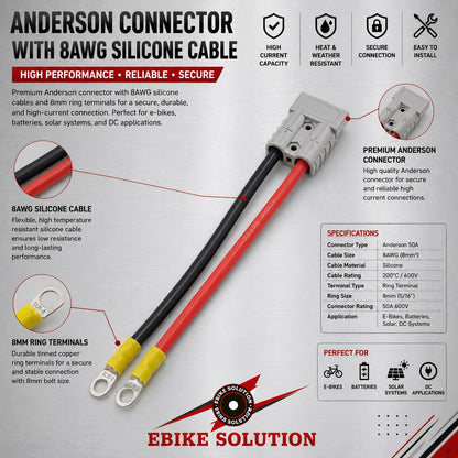 50a Anderson Plug 8AWG Silicone Cable Battery Charging with 8 mm Ring Terminals ebike solution