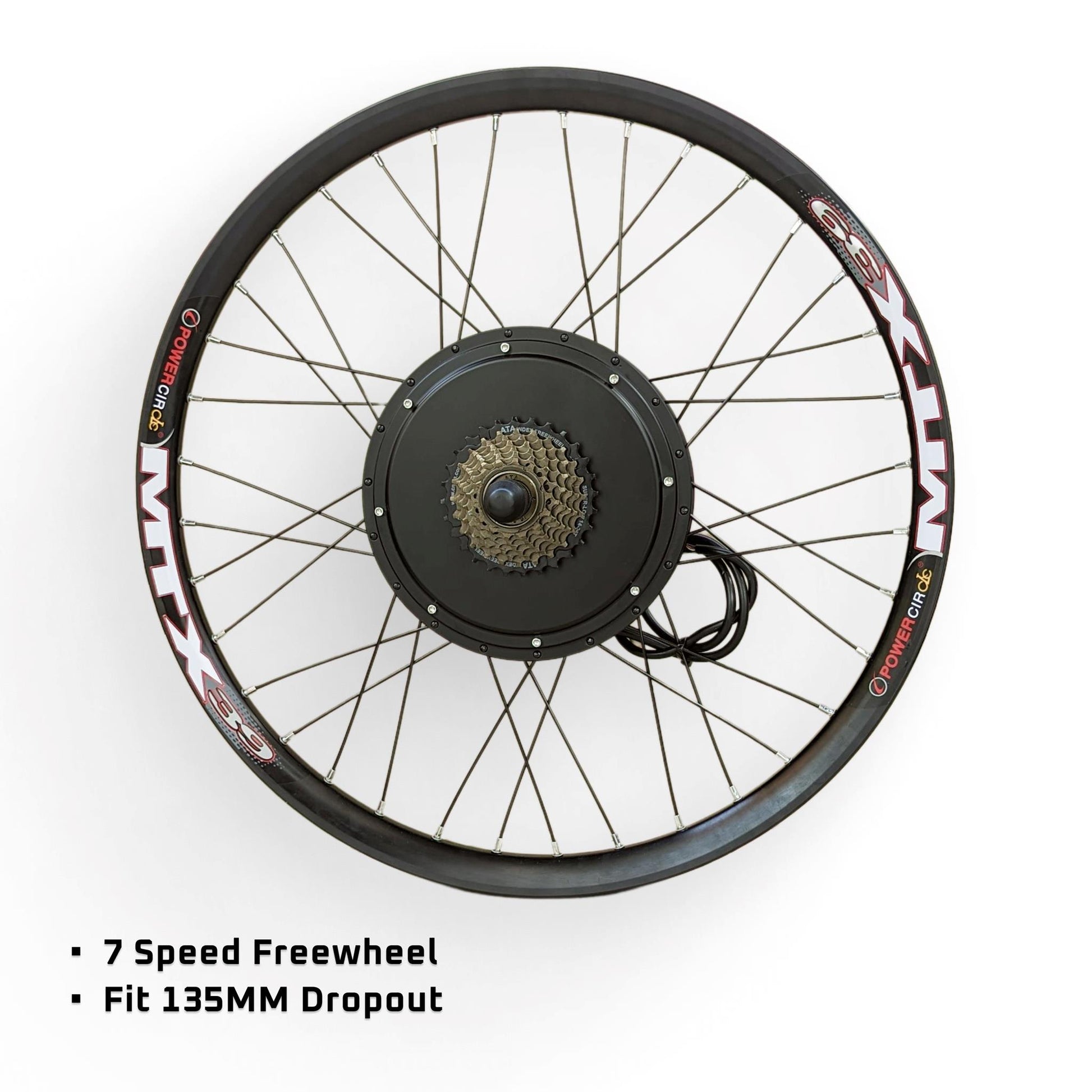 Bicycle wheel with gear and electronic components on a white background