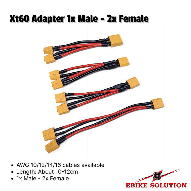 Xt60 adapter with 1 male to 2 female connectors on a white background, branded as EBIKE SOLUTION.