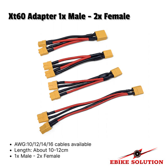 Xt60 adapter with 1 male to 2 female connectors on a white background, branded as EBIKE SOLUTION.