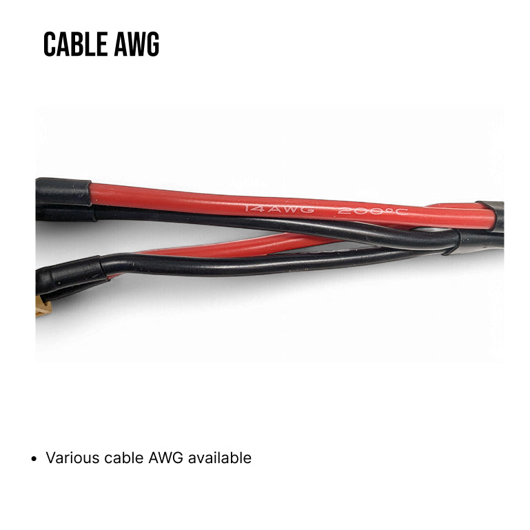 Red and black cable with AWG marking on a white background